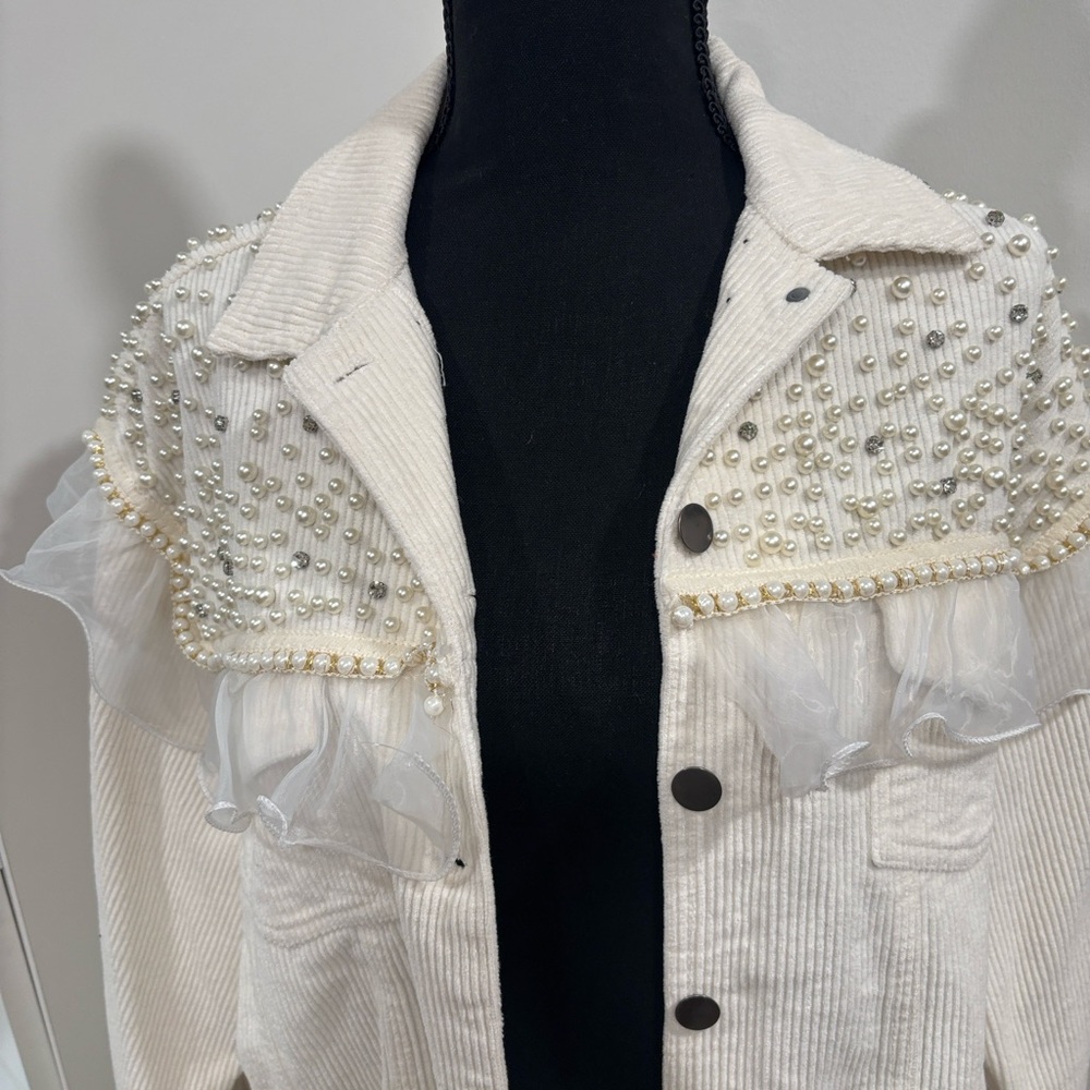 POL Cream Jean Jacket with Pearl Embellishments - Picture 3 of 8